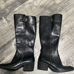 Born Black Leather Buckle Knee-High Heeled Riding Boots Almond Toe Worn Once